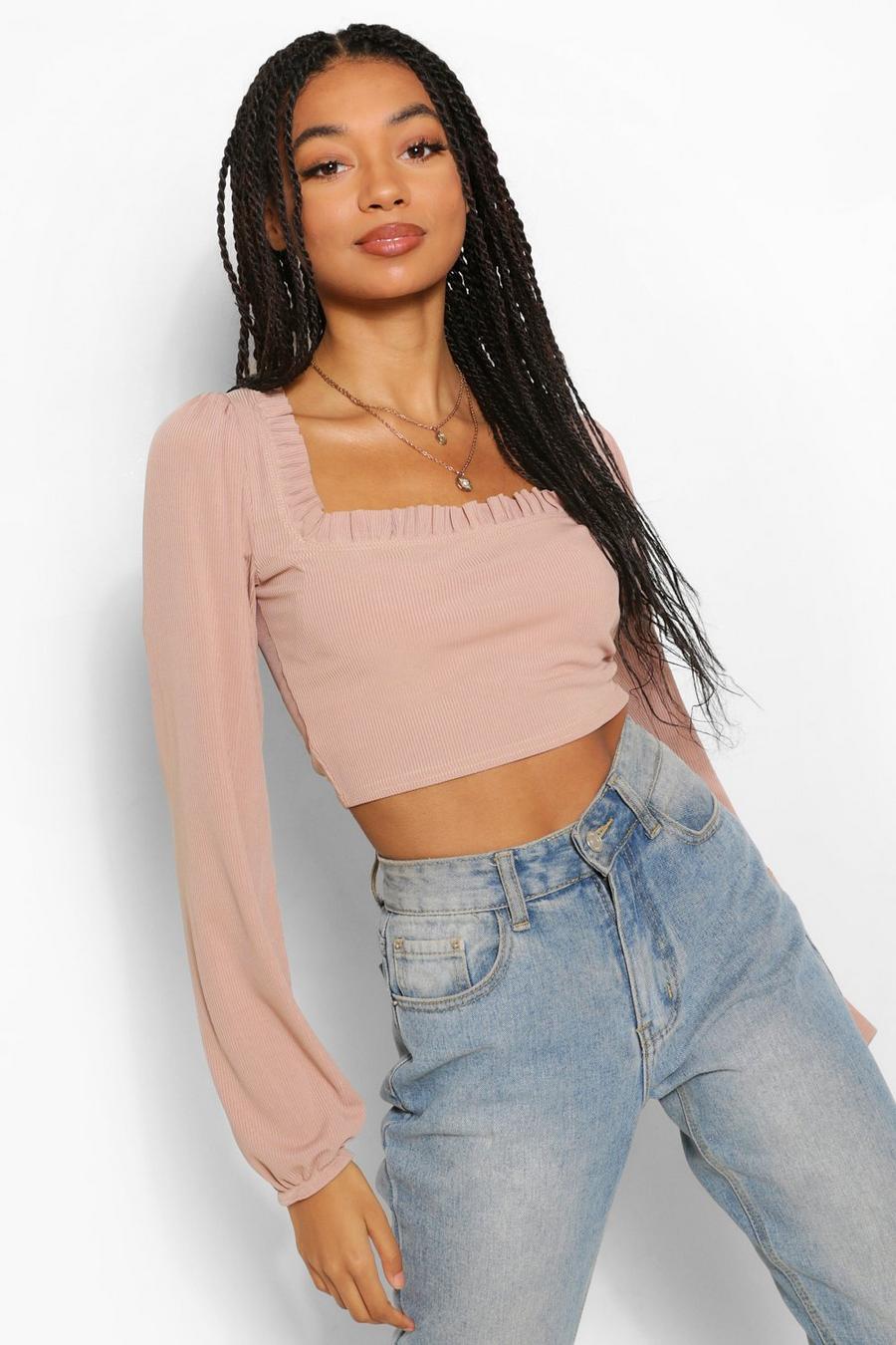 Stone Ribbed Long Sleeve Ruffle Crop Top image number 1