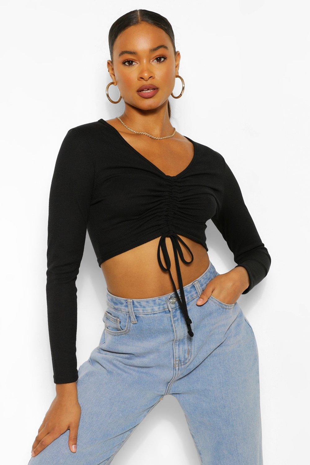 Curvy Sense Black Cropped Front Ruched Long Sleeve Top & Pants Set