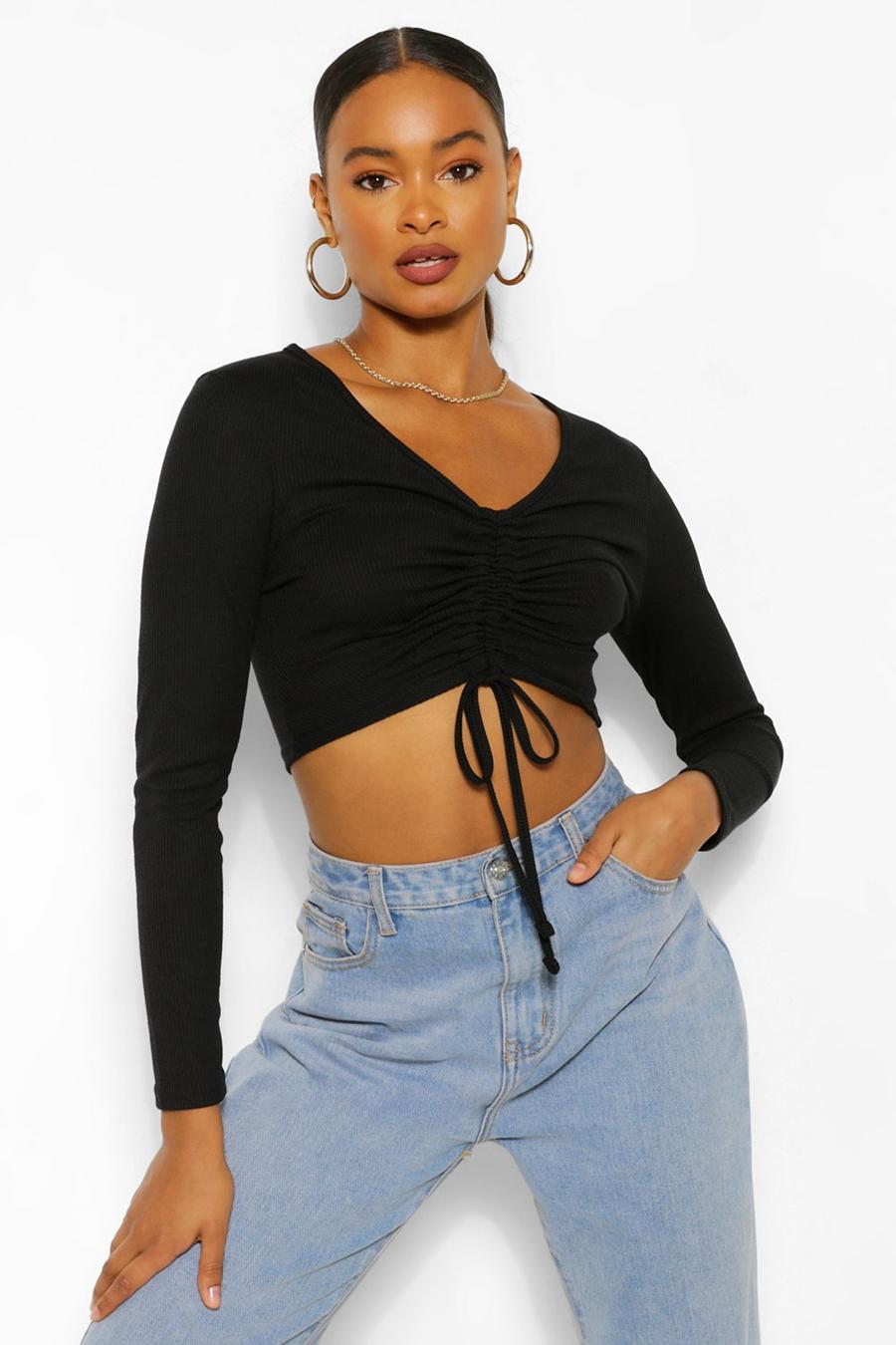 Ribbed Ruched Front Long Sleeve Crop Top image number 1