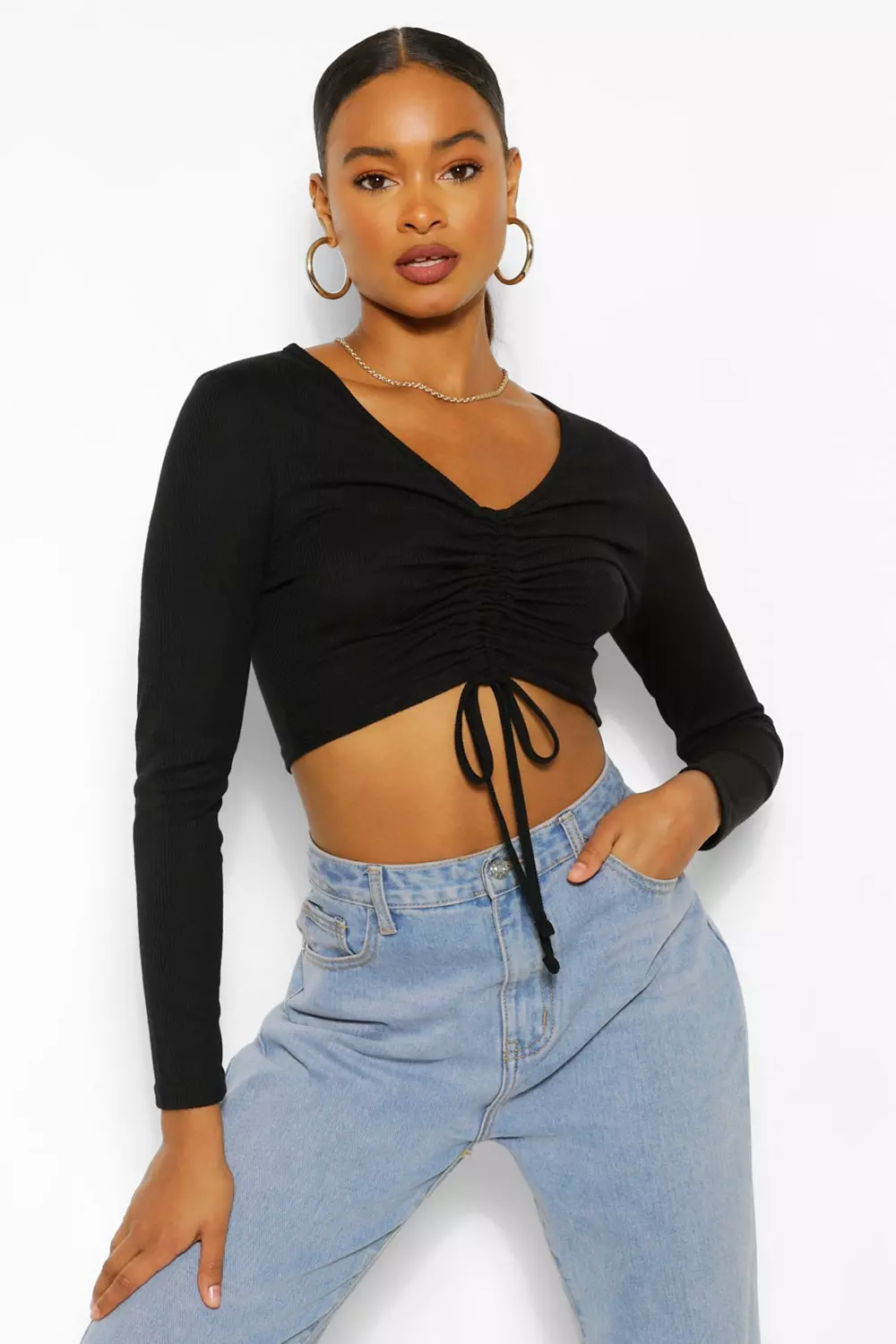 Tie Front Deep V Long Sleeve Crop Top – Urbanheer, 42% OFF