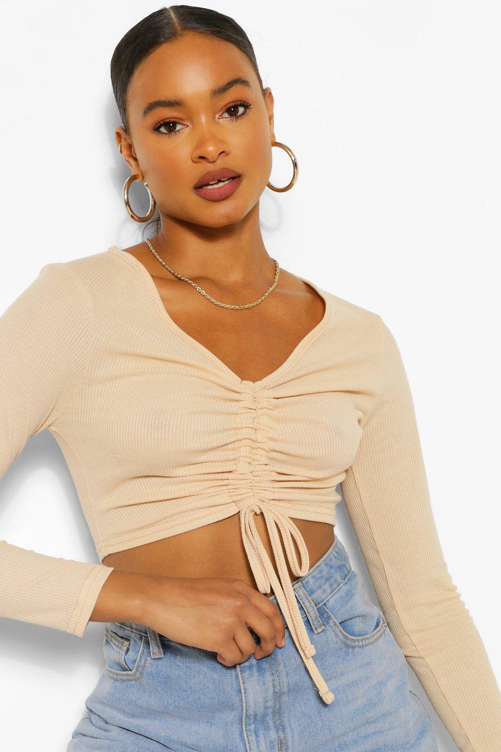 Ribbed Ruched Front Long Sleeve Crop Top