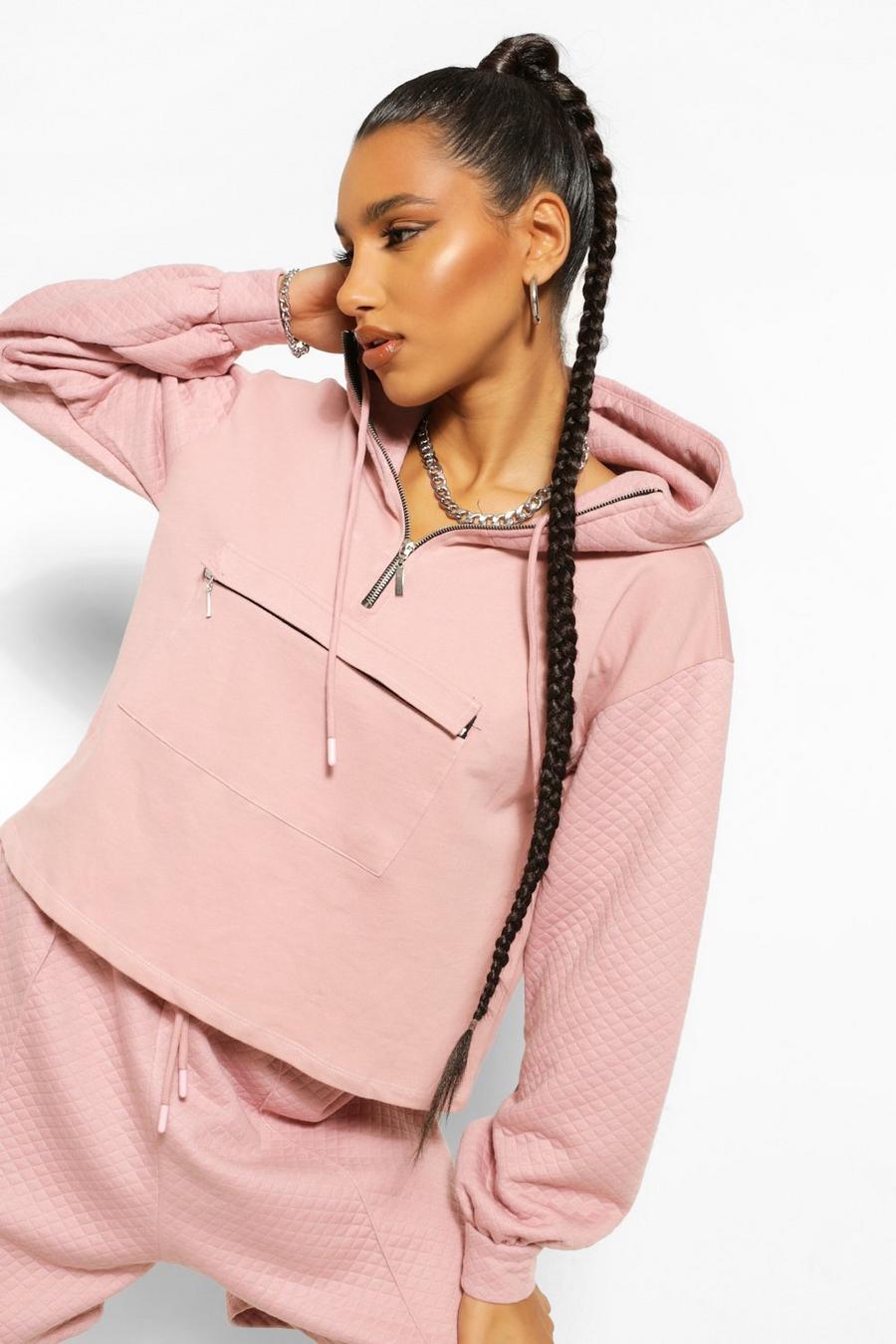 Blush Oversized Quilted Double Sleeve Pocket Detail Hoodie image number 1