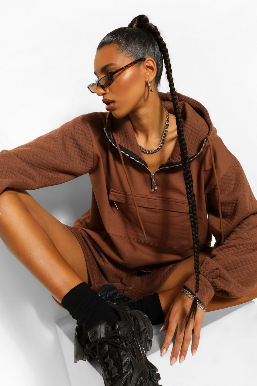 Taupe Oversized Quilted Double Sleeve Pocket Detail Hoodie image number 1
