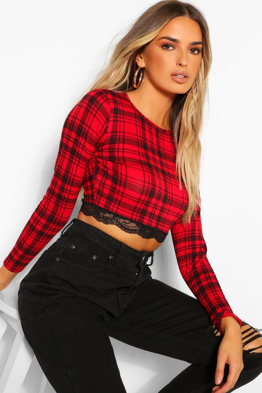 Red Check Lace Trim Long Sleeve Crop Top image number 1