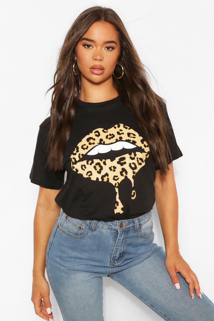 T-shirt med leopardmönstrade läppar image number 1