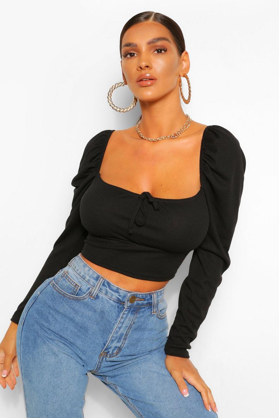 Black Puff Sleeve Sweetheart Neck Ribbed Top image number 1