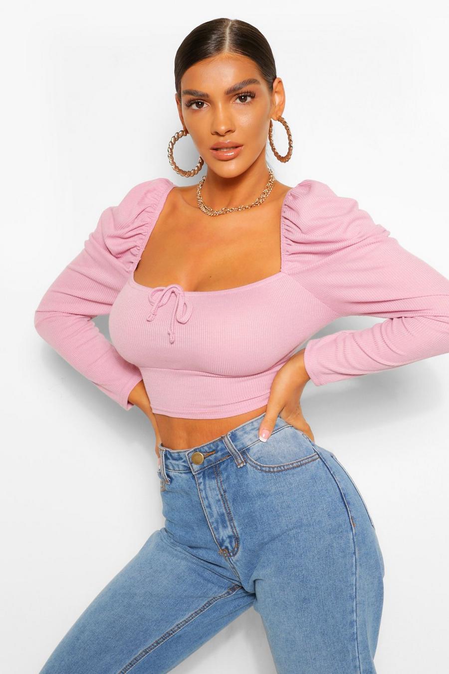Rose Puff Sleeve Sweetheart Neck Ribbed Top image number 1
