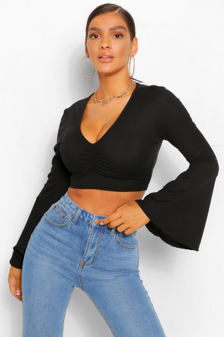Black Flare Sleeve Ruched Front Ribbed Top image number 1