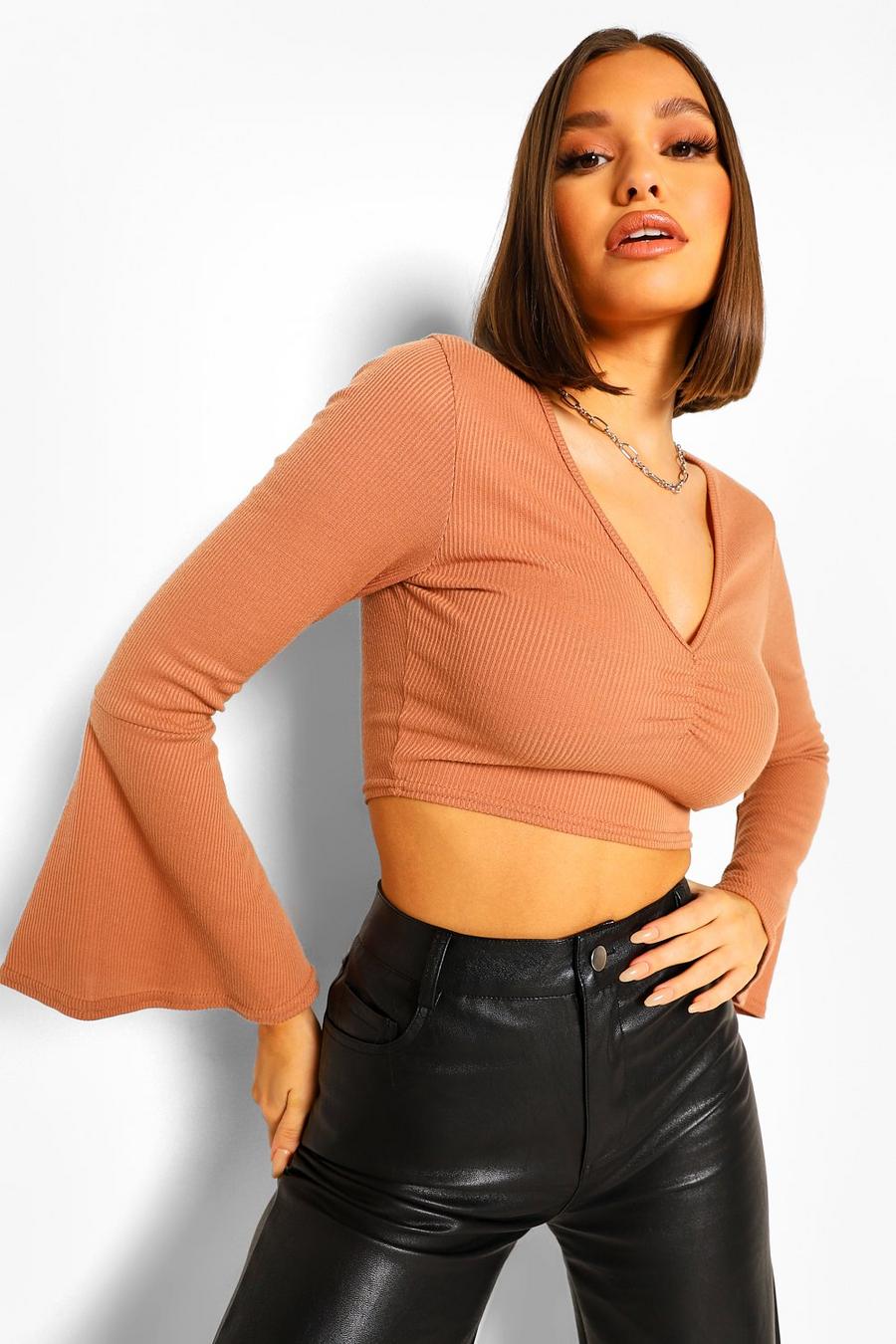 Camel Flare Sleeve Ruched Front Ribbed Top image number 1