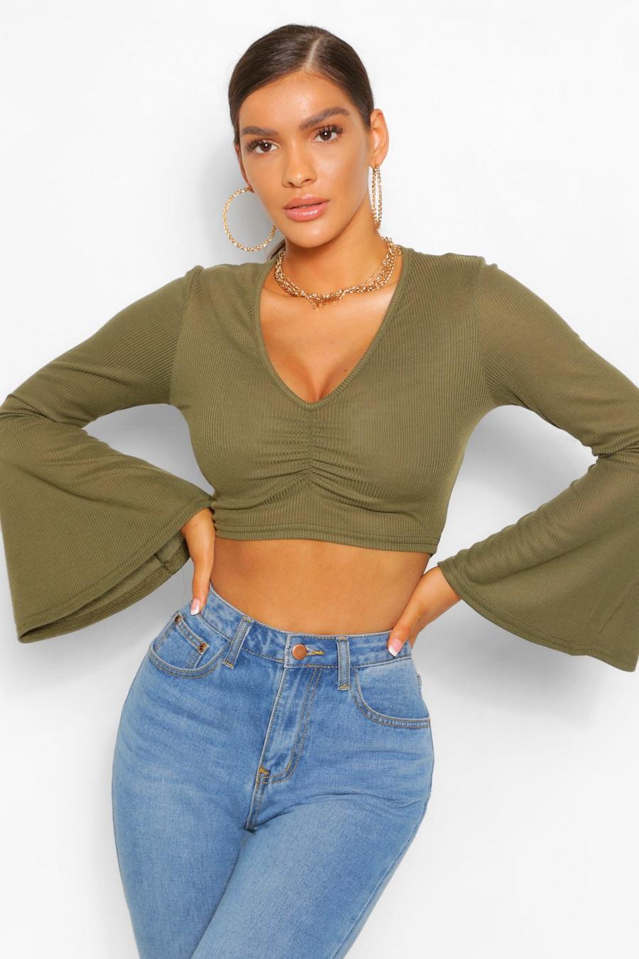 Khaki Flare Sleeve Ruched Front Ribbed Top image number 1