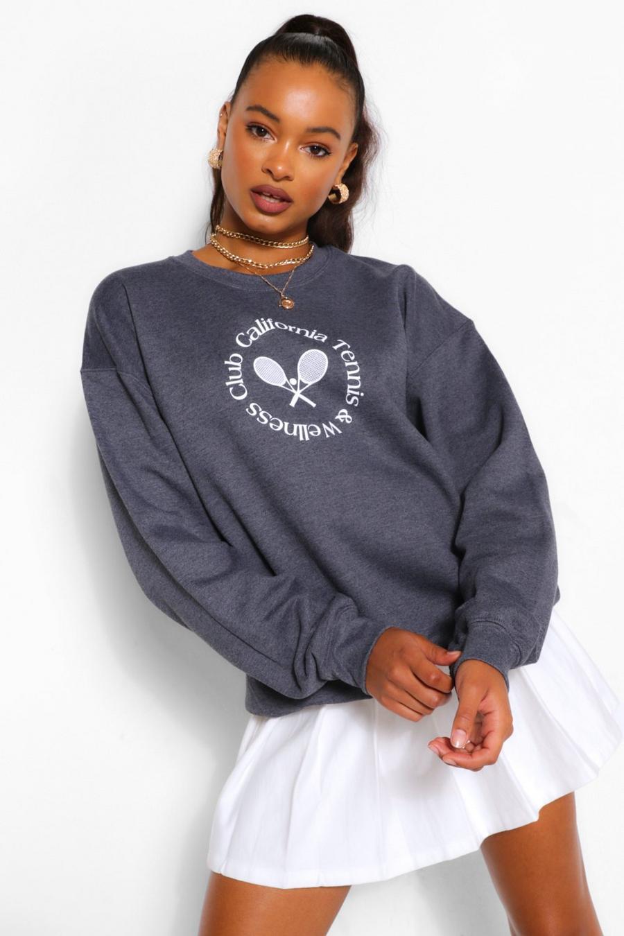 Oversize Sweatshirt mit Beverly Hills Tennis Slogan, Grau meliert image number 1