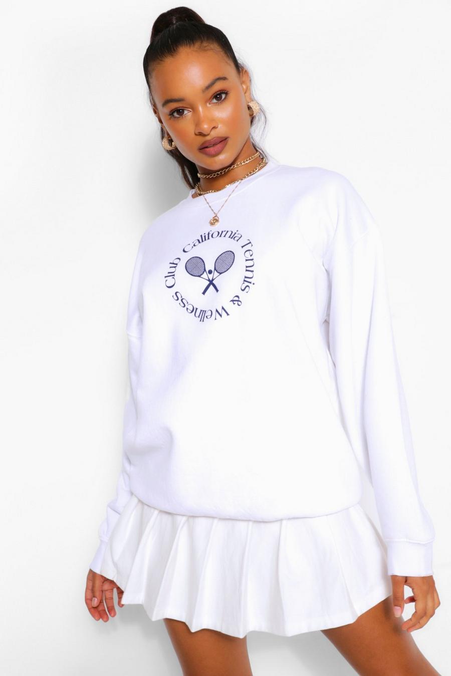 White Beverly Hills Tennis Slogan Oversized Sweater image number 1