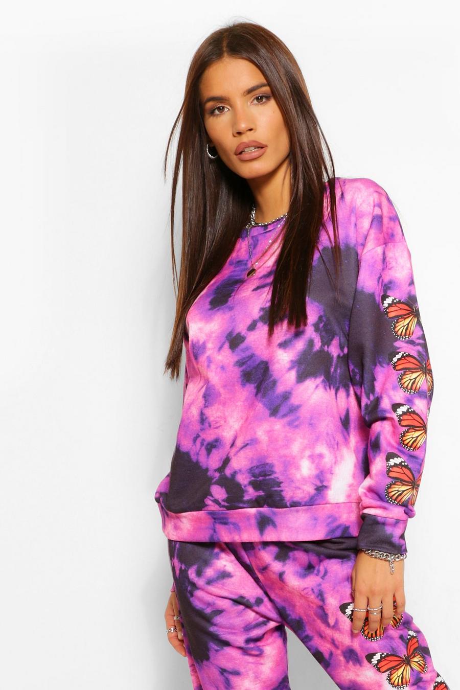 Purple Sweatshirt med batikmönster och fjärilar image number 1