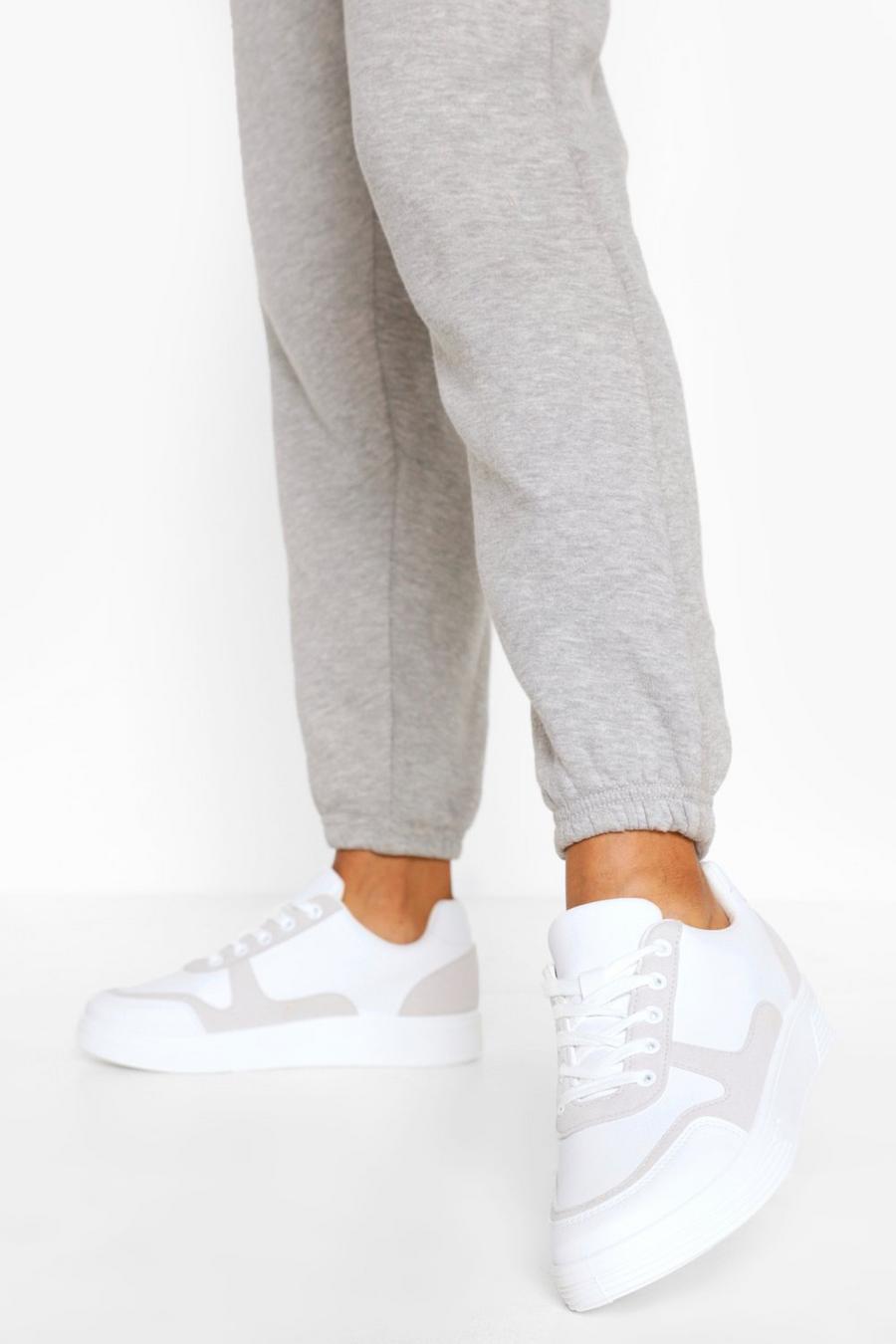 White Contrast Panel Lace Up Flat Trainers