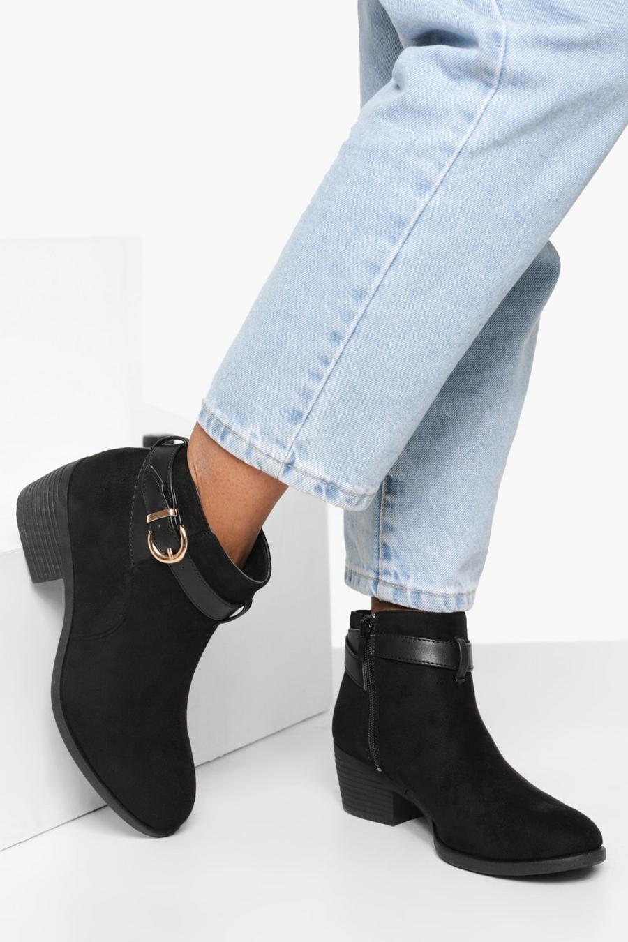 Black Buckle Strap Detail Low Heel Chelsea Boots