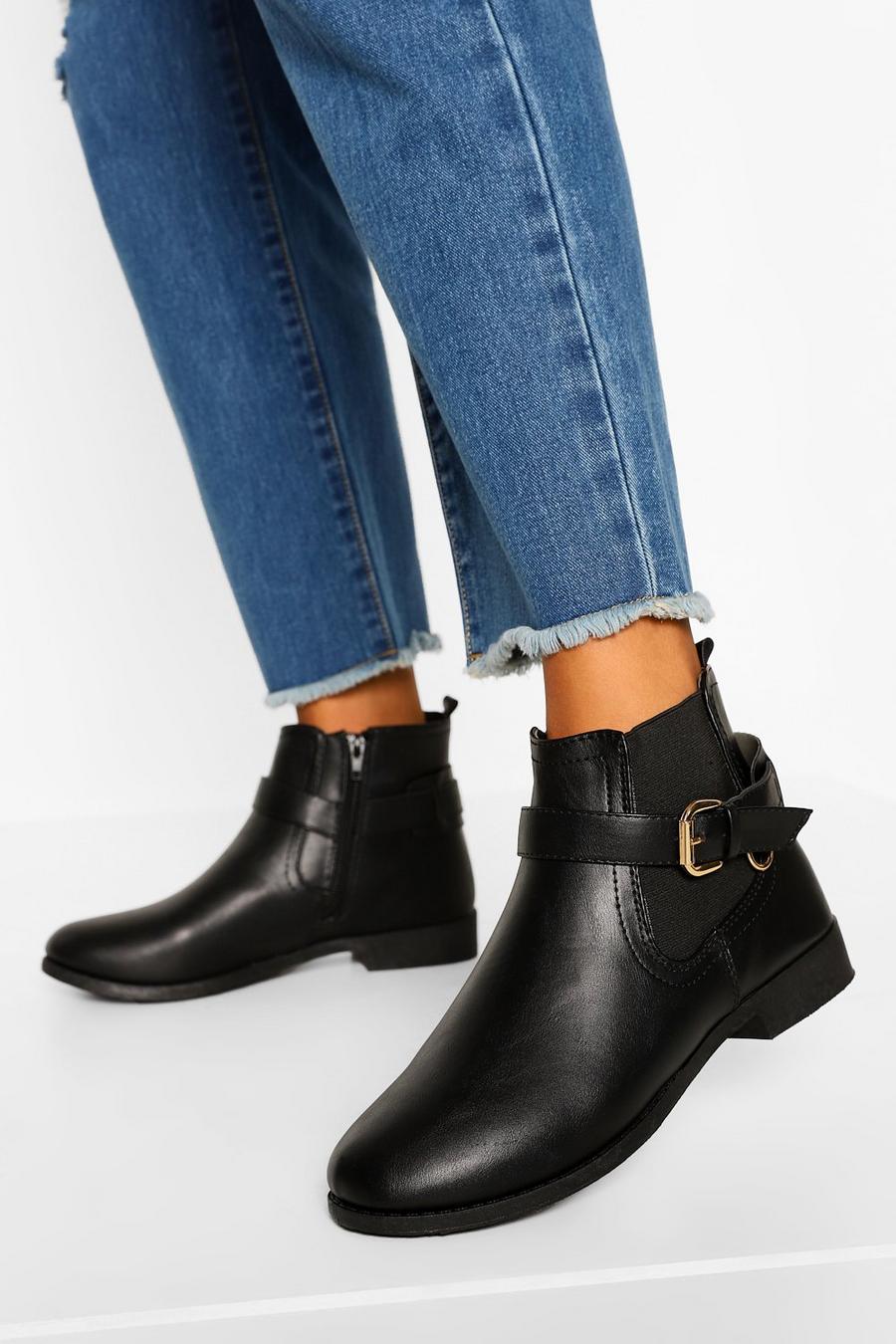 Black Buckle Detail Flat Chelsea Boots image number 1