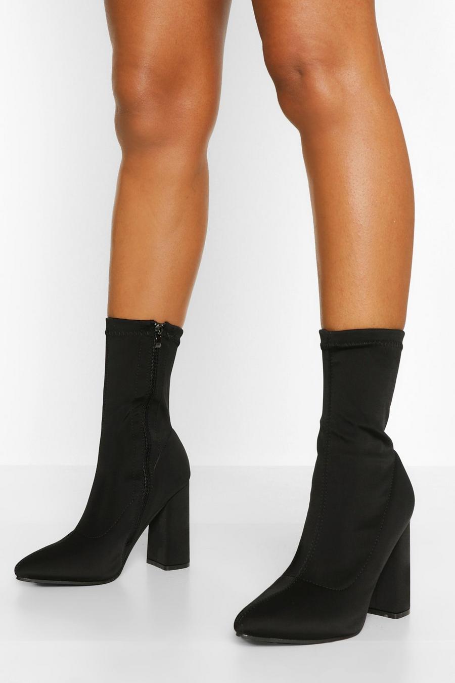 Black Wide Fit Block Heel Pointed Toe Sock Boots image number 1