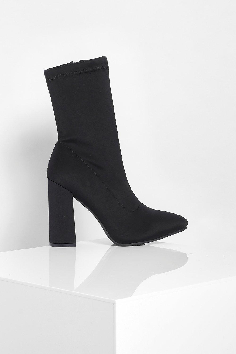 Block Heel Pointed Toe Sock Boots