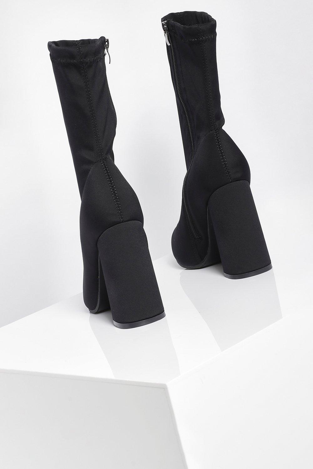 Block Heel Pointed Toe Sock Boots