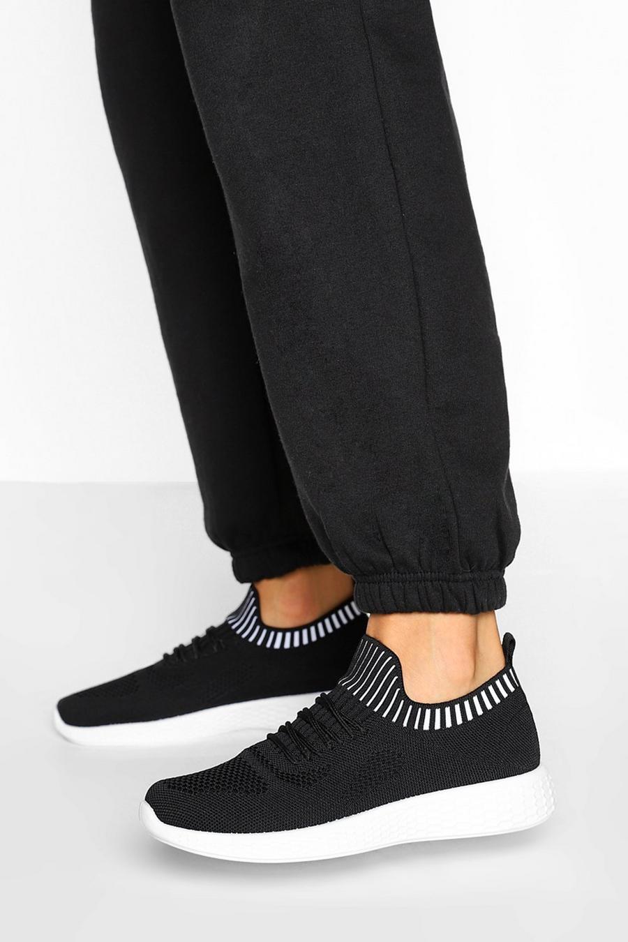 Black Stripe Detail Knitted Sports Trainers image number 1