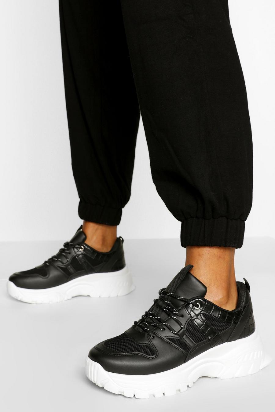 Black Croc Panel Chunky Sole Sneakers image number 1