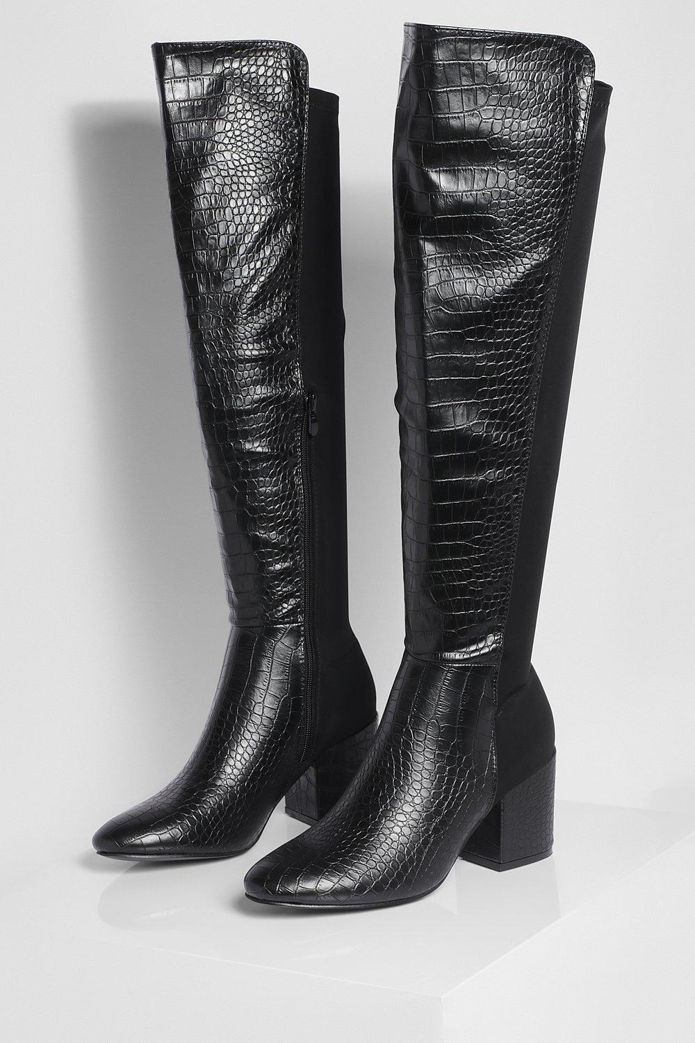 Croc Block Heel Knee High Boots