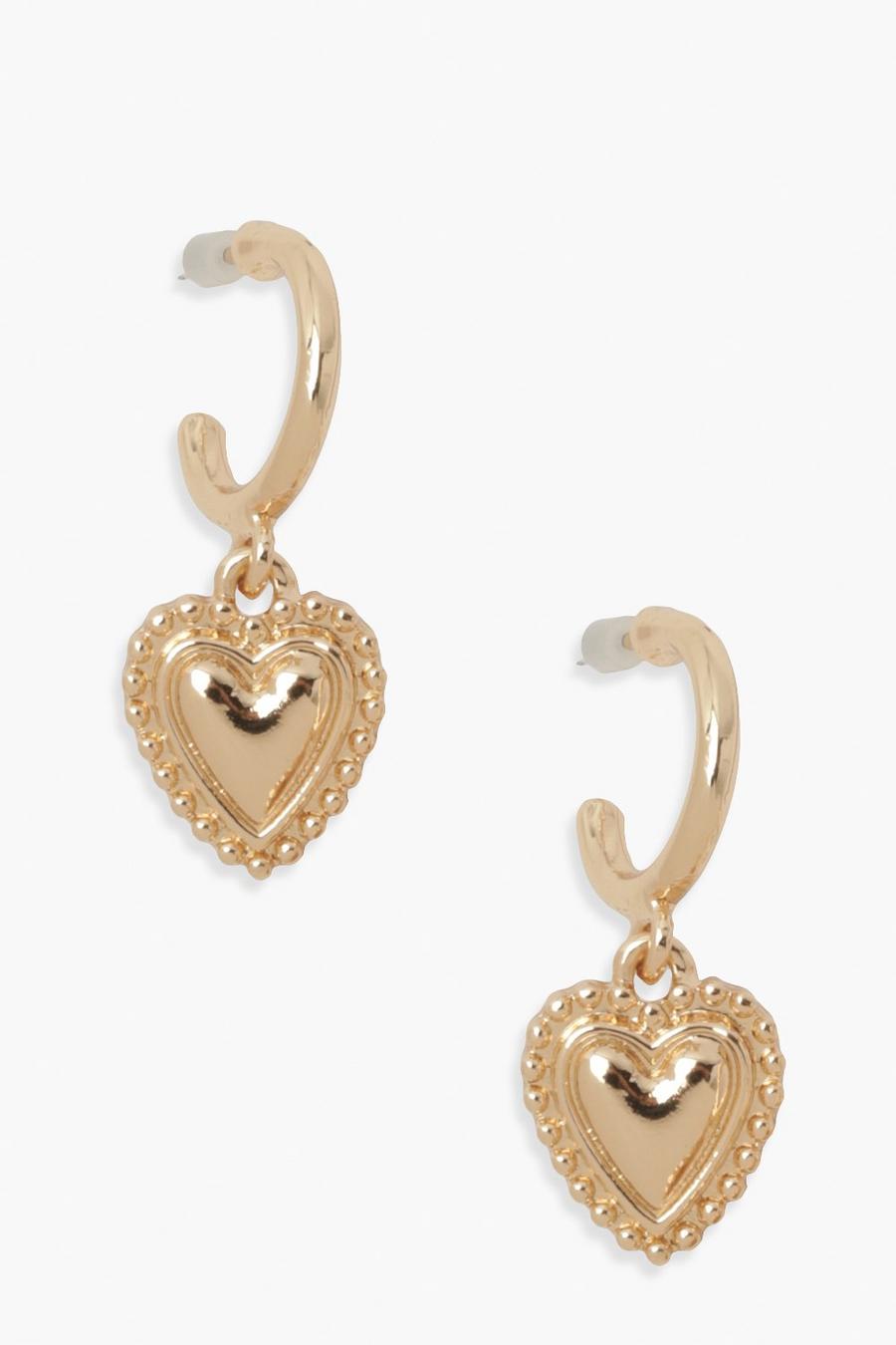 Gold Heart Charm Hoop Earring image number 1