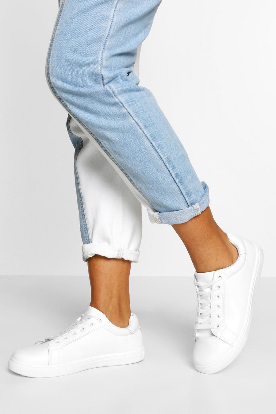 White Wide Fit Basic Lace Up Flat Sneakers image number 1