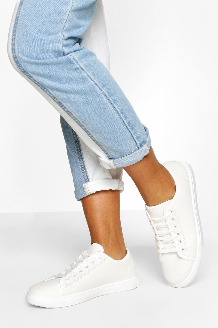 White Wide Fit Basic Lace Up Canvas Trainers image number 1