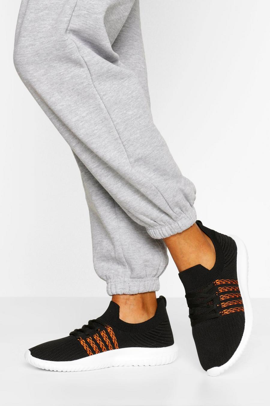 Black Side Stripe Knitted Sports Sneakers image number 1