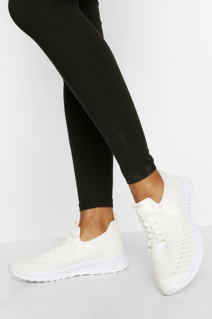 White Stripe Detail Knitted Sports Sneakers image number 1
