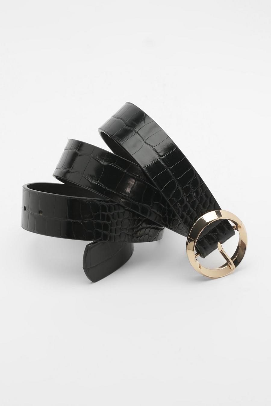 Cinturón con hebilla circular y acabado de cocodrilo, Negro nero