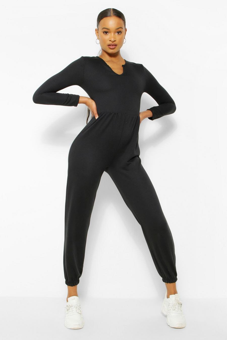 Langärmliger Sweat-Jumpsuit mit eingekerbtem Ausschnitt und Flottfäden, Schwarz image number 1