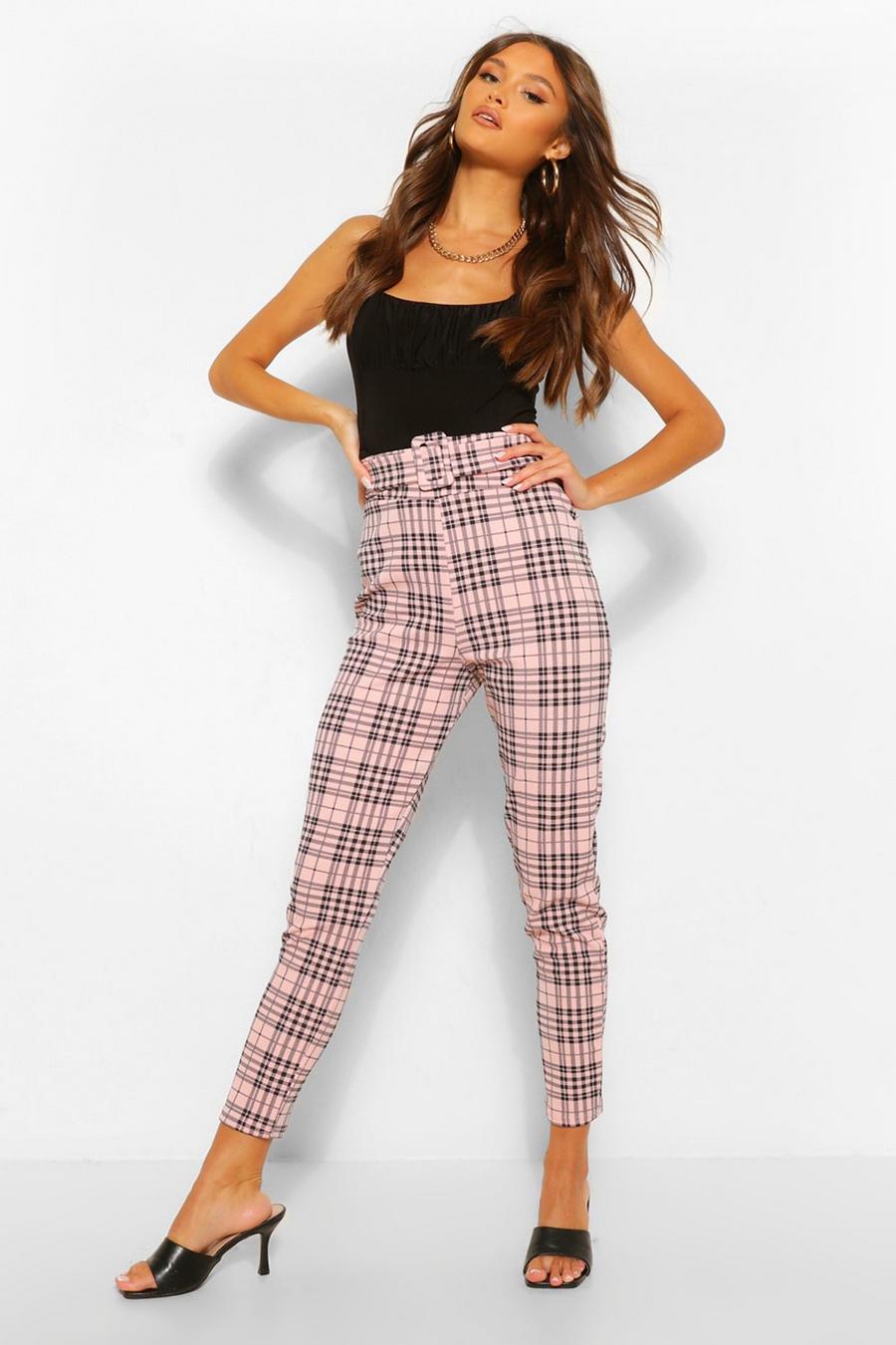 Pink Checked Belted Skinny Pants image number 1