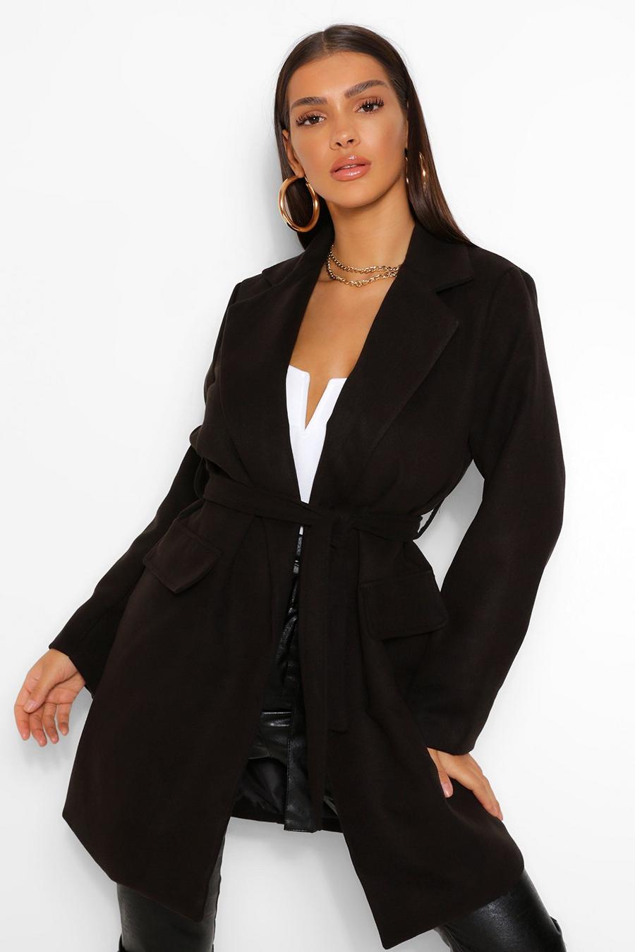 Manteau look laine à poche et ceinture, Noir image number 1