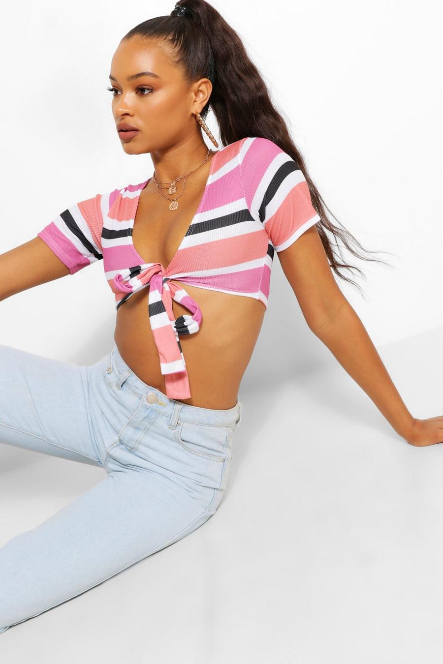 Pink Striped Rib Tie Front Top image number 1