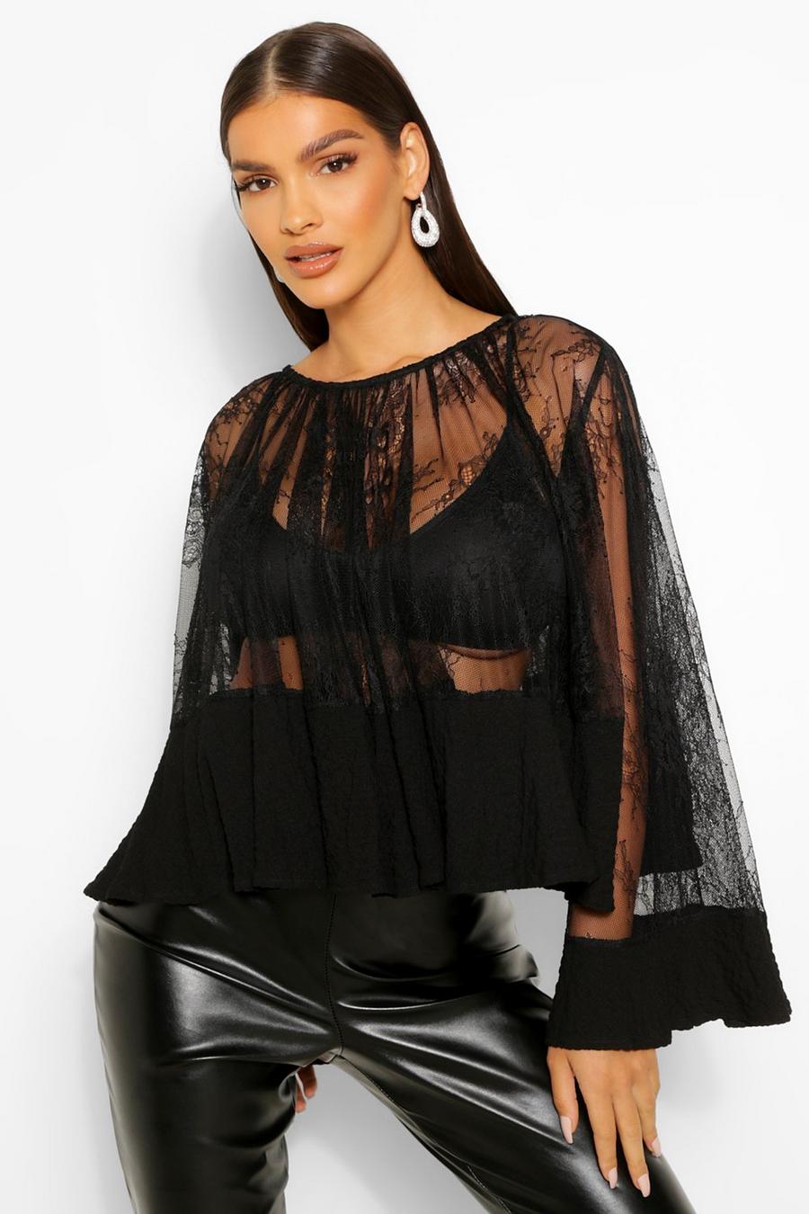 Black Lace Long Sleeve Swing Top image number 1