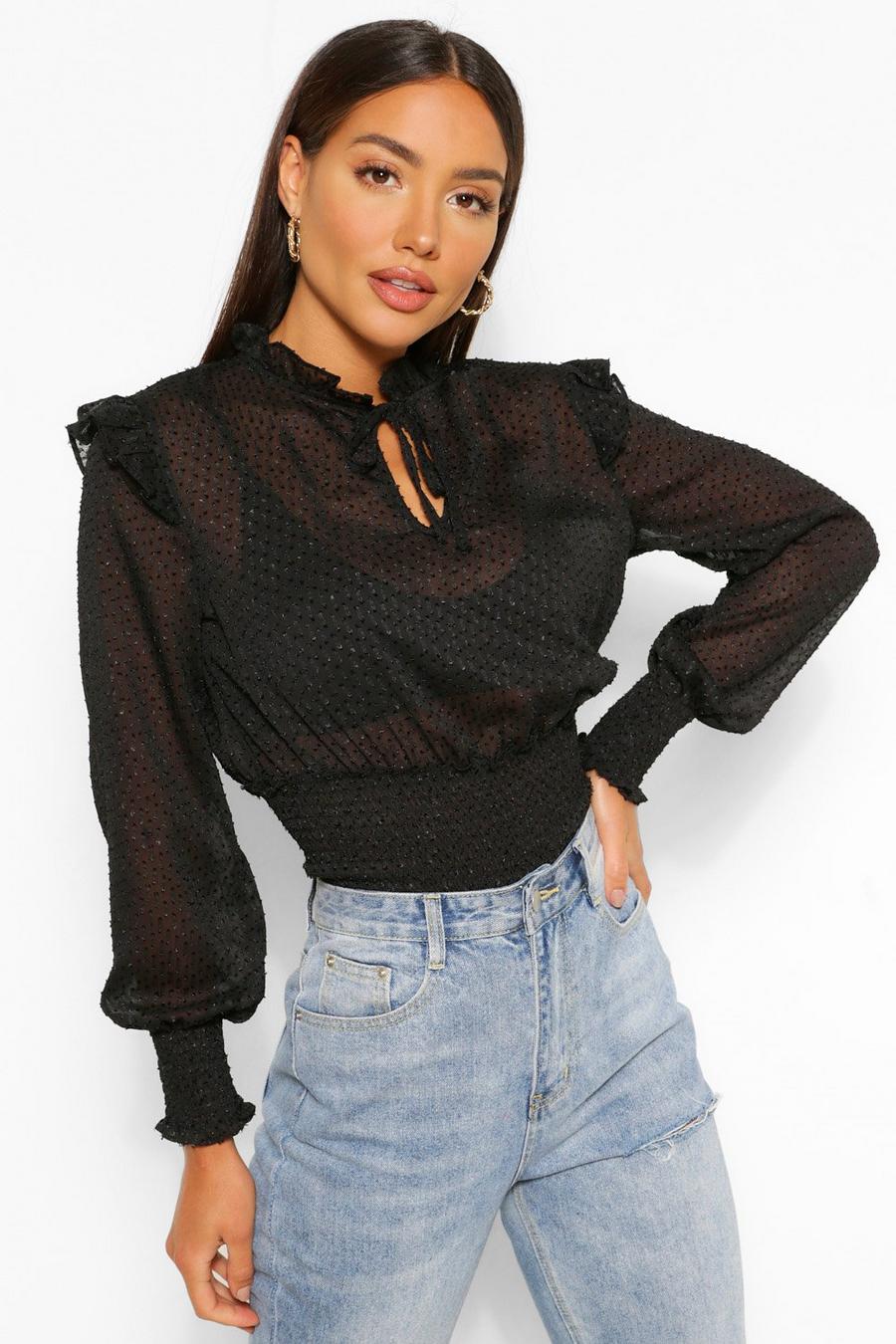 Black Woven Textured High Neck Shirred Blouse image number 1