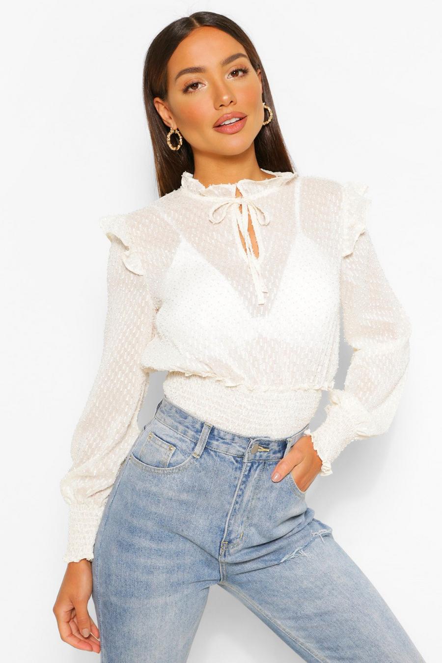 Cream Woven Textured High Neck Shirred Blouse image number 1