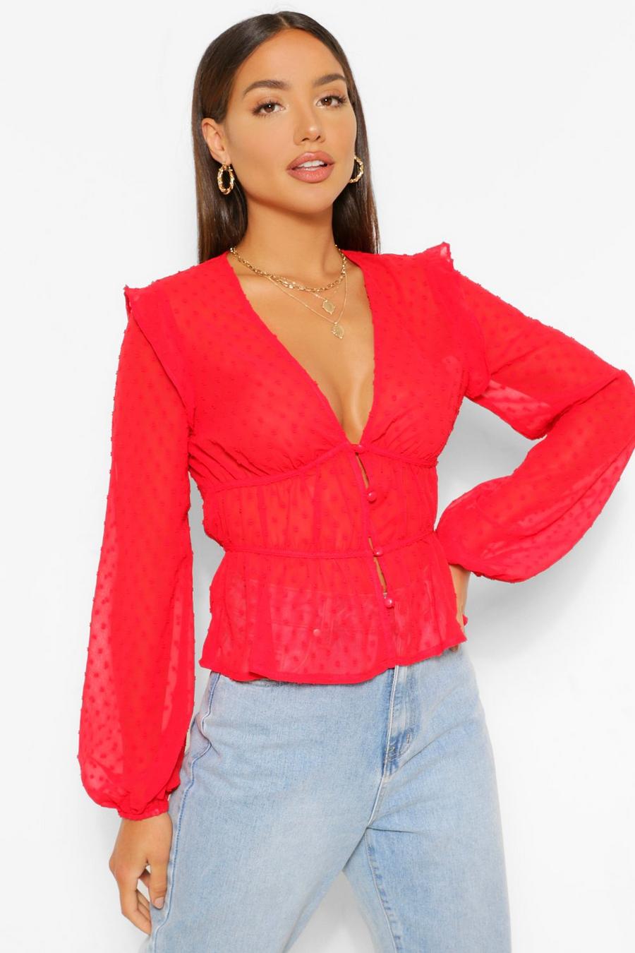 Red Woven Dobby Ruffle Blouse image number 1