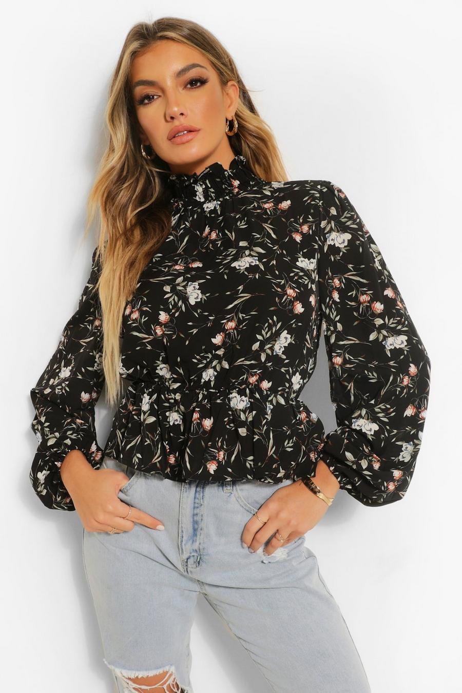 Black Woven Floral High Neck Peplum Top image number 1