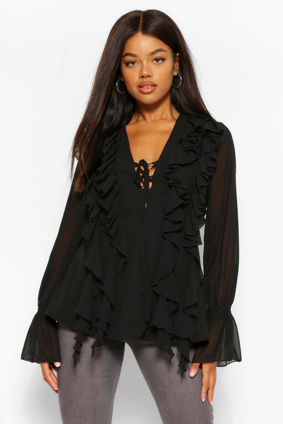 Black Woven Ruffle Detail Blouse image number 1