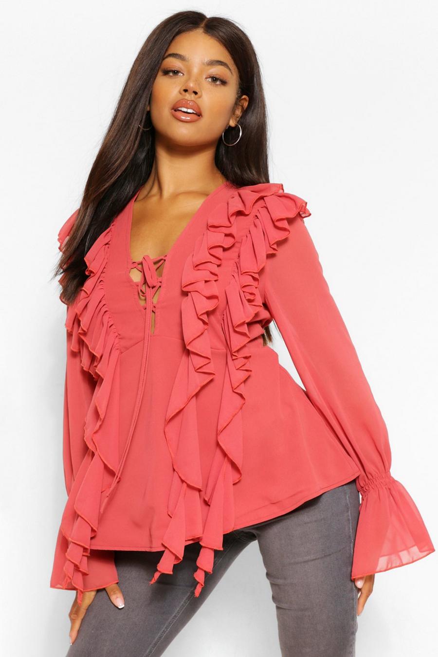 Terracotta Woven Ruffle Detail Blouse image number 1