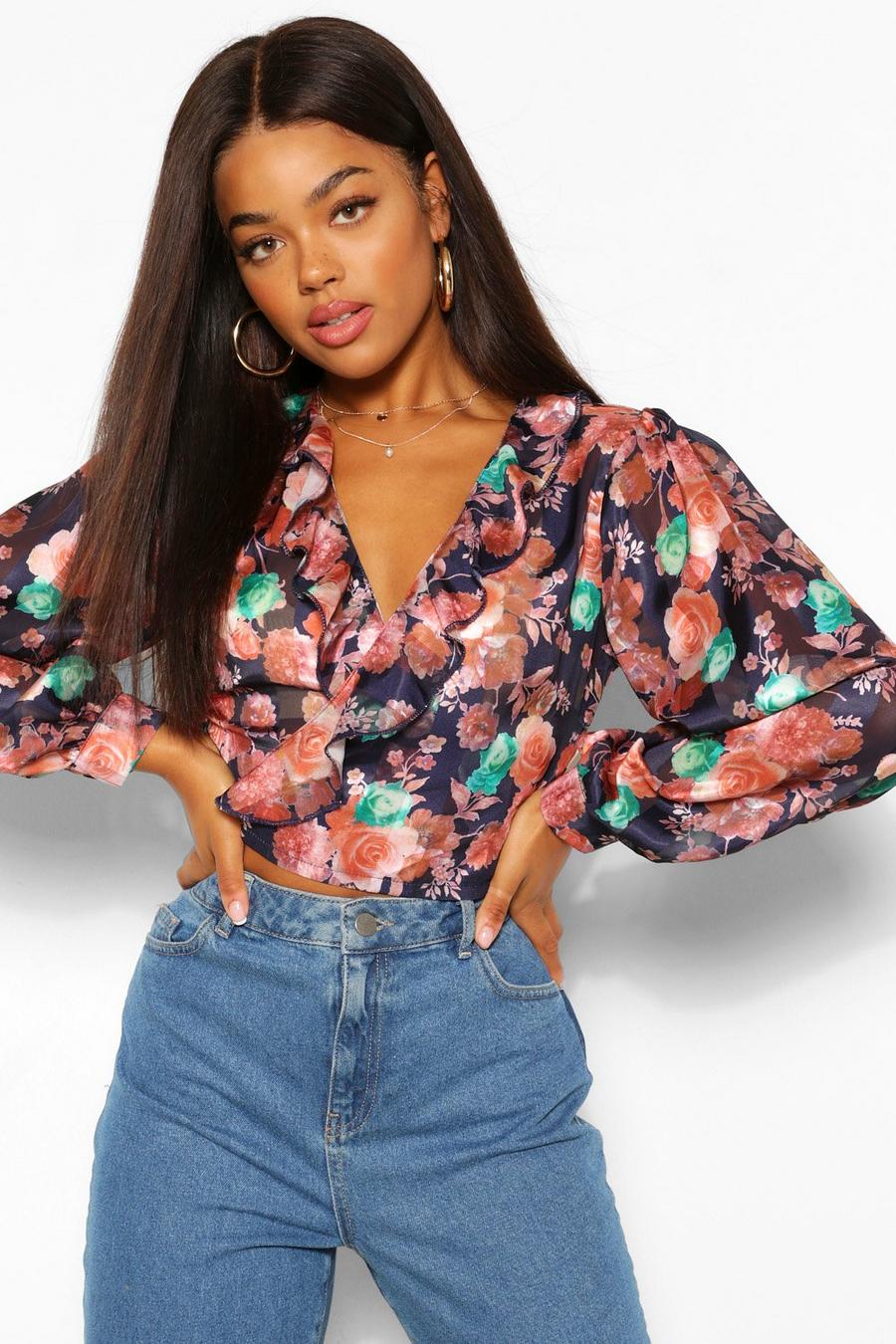 Navy Satin Floral Ruffle Stripe Wrap Top image number 1