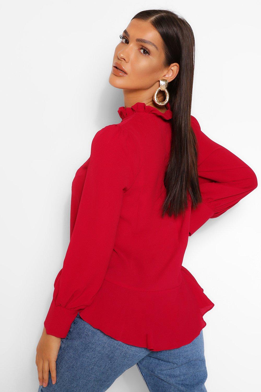 Red ruffle neck store blouse