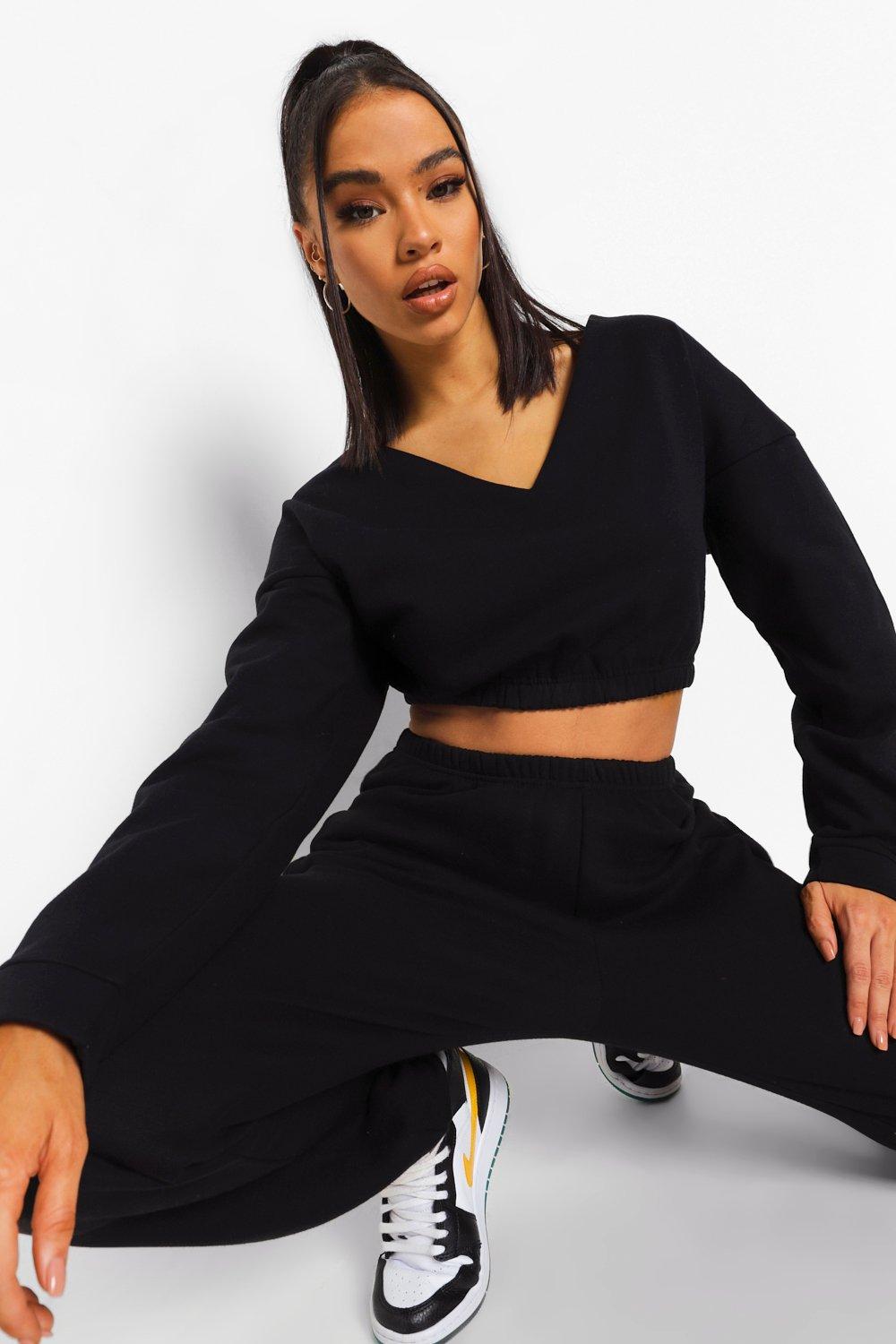 Black v shop neck cropped sweater