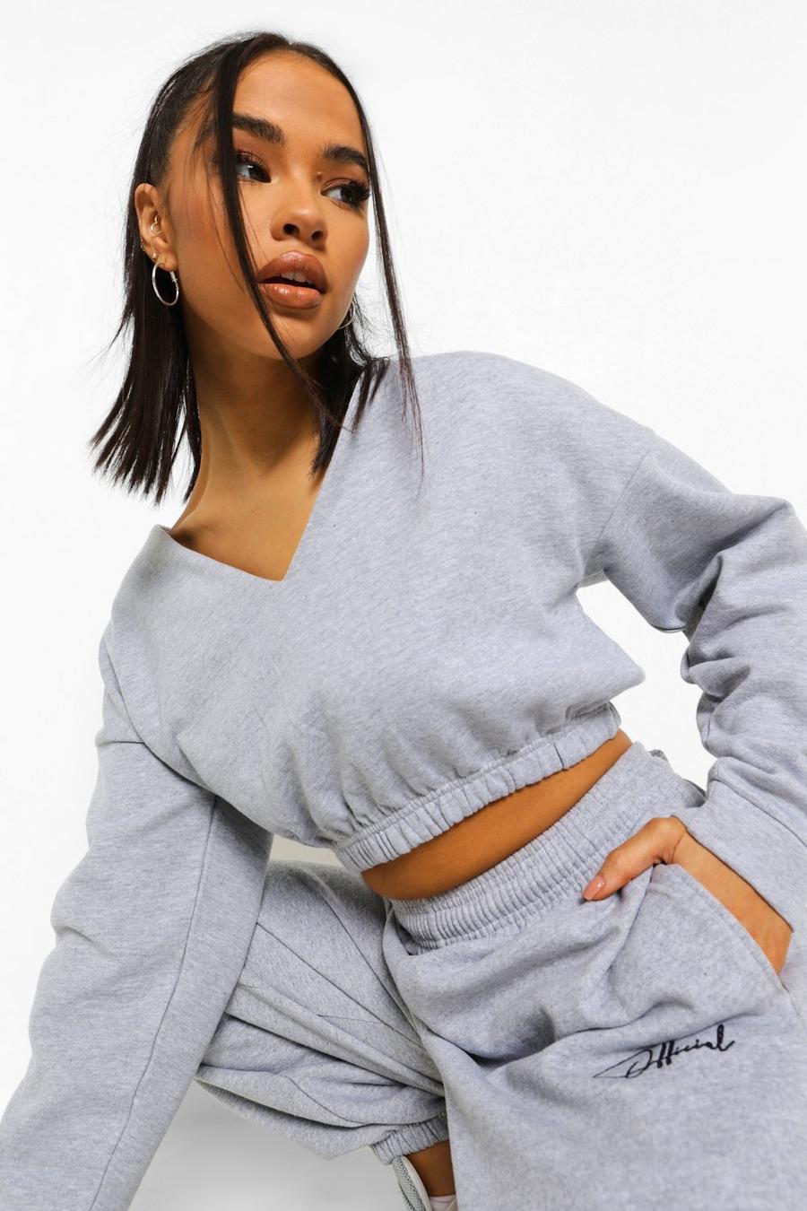 Grey V Neck Crop Sweater image number 1