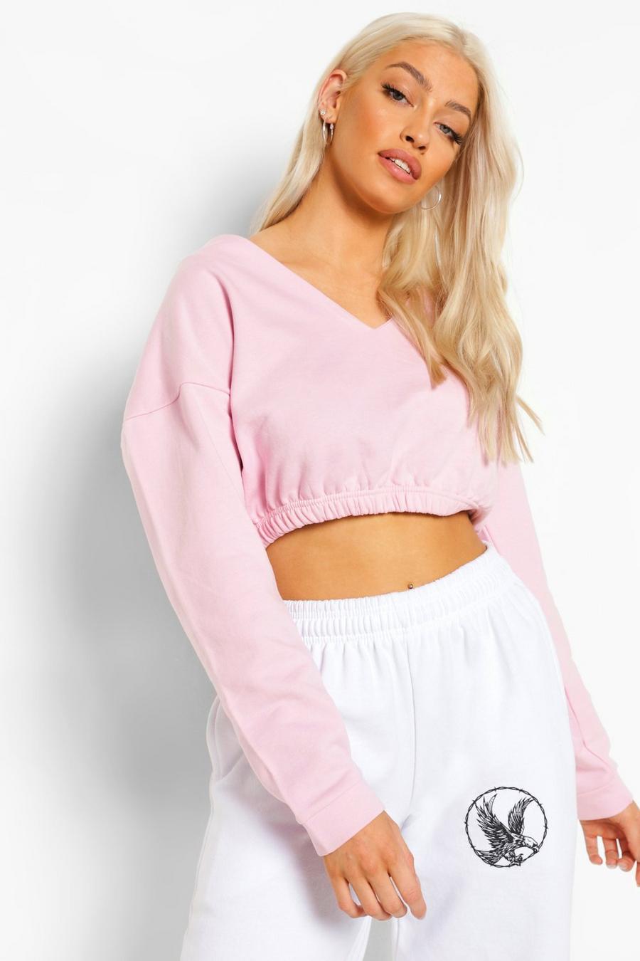 Pink V Neck Crop Sweater image number 1