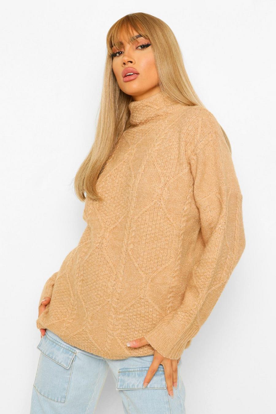 Camel All Over Cable Knit Turtle Neck Sweater image number 1