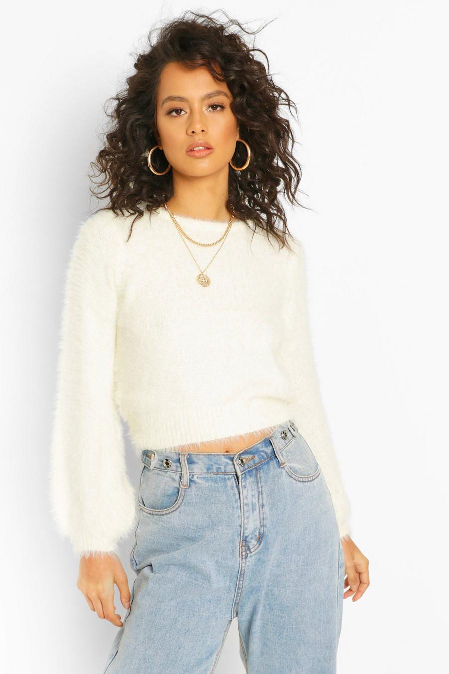 Cream Fluffy Knit Crew Neck Sweater image number 1